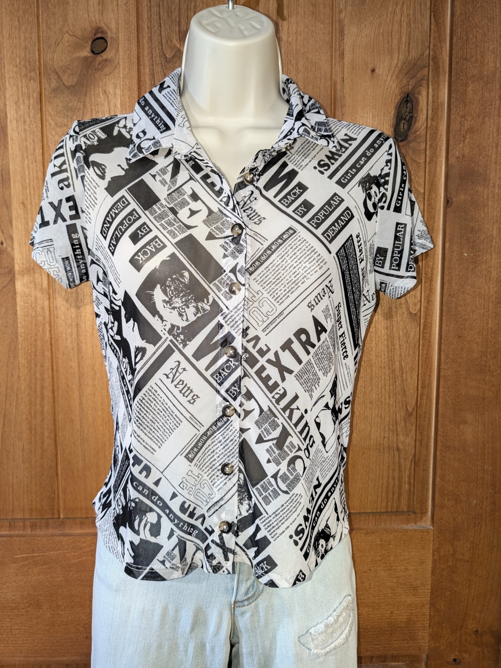 Chic Black & White Newspaper-Print Button Down Shirt